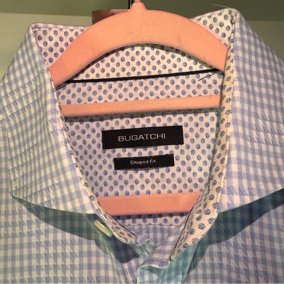 BUGATCHI Shaped Fit Blue Gingham Plaid Long Sleeve Button Down Shirt - Picture 6 of 6